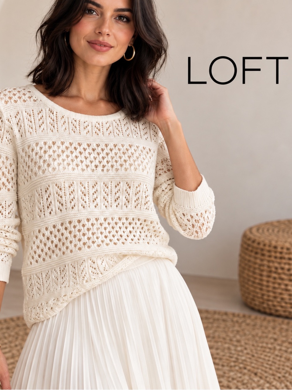 🌸LOFT Cream Openwork Crewneck Sweater Knit size M Preppy Bohemian Resort